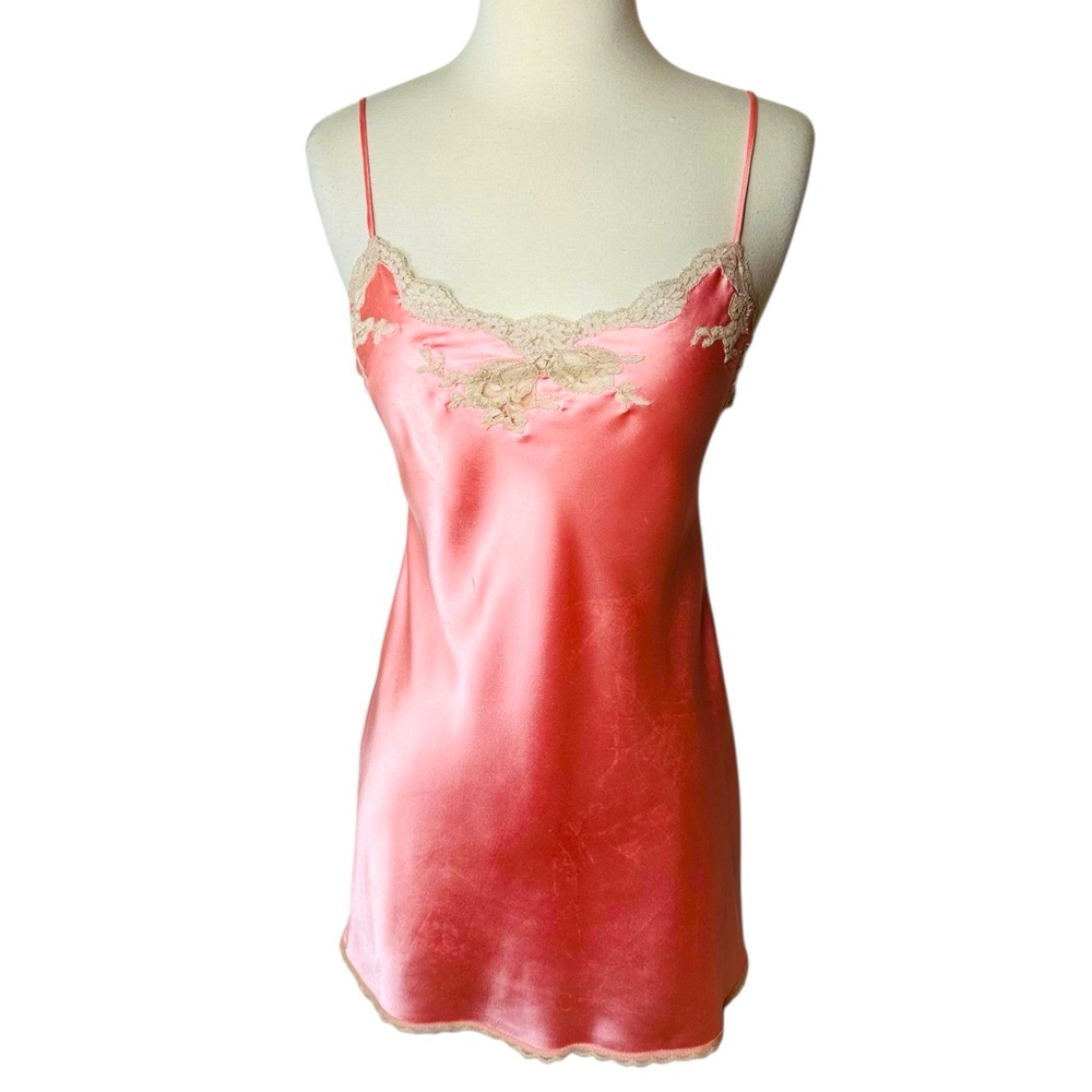 Natori Pink Satin Slip with Cream Lace Trim